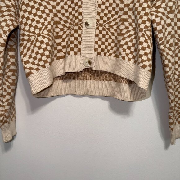 Debut Checkered Cardigan Size M Tan Cream V Neck Button Cozy Knit - Picture 5 of 7